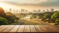 empty wooden table top foregrounding a softly blurred background of a city and park