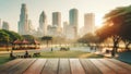 empty wooden table top foregrounding a softly blurred background of a city and park