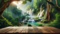 empty wooden table top foregrounds jungle landscape, complete with waterfall