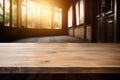 Empty wooden table top in front of home room patio in retro style blurred background. Template for product presentation Royalty Free Stock Photo