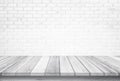 Empty wooden table top isolated on white brick white background, Design Wood terrace white. Free space for your copy and branding Royalty Free Stock Photo