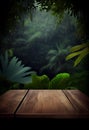 Empty wooden table top product display showcase stage with tropical lush jungle leaves background. Generative ai