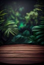 Empty wooden table top product display showcase stage with tropical lush jungle leaves background. Generative ai