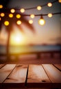 Empty wooden table top product display showcase stage. Tropical summer sunset beach bar background. Generative ai