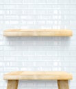 Empty Wooden Table top and shelf at white tile ceramic wall,Temp Royalty Free Stock Photo