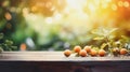 Empty wooden table top, texture board, on a blurred background of an orchard, trees in blurred bokeh