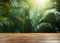 Empty wooden table top on tropic palm leaves background. Table top with copy space for product advertising