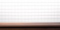 Empty wooden table top and white ceramic tile wall background Royalty Free Stock Photo