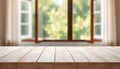 Empty Wooden table top with window view during summertime