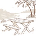 Empty Wooden table in tropical beach of summer time blurred background. Royalty Free Stock Photo
