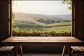 Empty Wooden Table with Vineyard View in Morning Light