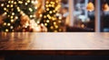 Empty wooden tabletop against background of Christmas cafe lights, sparkling garlands, bokeh, Postcard, flyer Royalty Free Stock Photo