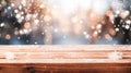 Empty wooden tabletop on background of Christmas lights, sparkling garlands, bokeh, copy space. Postcard, flyer Royalty Free Stock Photo