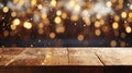 Empty wooden tabletop on background of Christmas lights, sparkling garlands, bokeh, copy space. Postcard, flyer Royalty Free Stock Photo