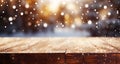 Empty wooden tabletop on background of Christmas lights, sparkling garlands, bokeh, copy space. Postcard, flyer Royalty Free Stock Photo