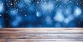 Empty wooden tabletop blue background with Christmas lights, sparkling garlands, bokeh, Christmas, New Year Royalty Free Stock Photo