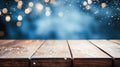 Empty wooden tabletop blue background with Christmas lights, sparkling garlands, bokeh, Christmas, New Year Royalty Free Stock Photo