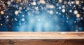 Empty wooden tabletop blue background with Christmas lights, sparkling garlands, bokeh, Christmas, New Year Royalty Free Stock Photo