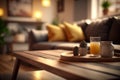Empty wooden tabletop with blurred living room background. Wood table with blurred modern apartment interior background. AI Royalty Free Stock Photo
