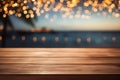 Empty Wooden Tabletop with Lights on Blurred Beach and Sea Background