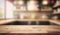 Empty wooden tabletop over defocused kitchen background with copy space Generative AI Royalty Free Stock Photo