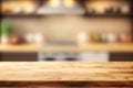 Empty wooden tabletop over defocused kitchen background with copy space Generative AI Royalty Free Stock Photo