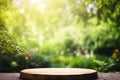 Empty Wooden Tabletop Podium in Garden Open Forest with Blurred Green Plants Background for Organic Product Presentation Royalty Free Stock Photo