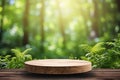 Empty Wooden Tabletop Podium in Garden Open Forest with Blurred Green Plants Background for Organic Product Presentation Royalty Free Stock Photo