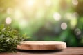 Empty Wooden Tabletop Podium in Garden Open Forest with Blurred Green Plants Background for Organic Product Presentation Royalty Free Stock Photo