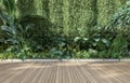 Empty wooden terrace with green wall 3d render