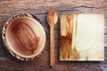 Empty wooden utensils on a wooden table old wooden bowl, wooden Royalty Free Stock Photo