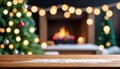 Empty woooden table top with abstract warm living room decor with christmas tree Royalty Free Stock Photo
