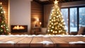 Empty woooden table top with abstract warm living room decor with christmas tree Royalty Free Stock Photo