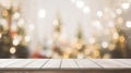 Empty woooden table top Warm with Living Room Decor with Christmas Tree Lights. created with Generative AI Royalty Free Stock Photo