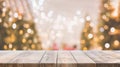 Empty woooden table top Warm with Living Room Decor with Christmas Tree Lights. created with Generative AI Royalty Free Stock Photo