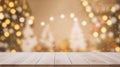 Empty woooden table top Warm with Living Room Decor with Christmas Tree Lights. created with Generative AI Royalty Free Stock Photo