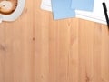 Empty work desk with pen note paper and coffee. Royalty Free Stock Photo