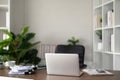 Empty workplace with desk and plant in office room, copy space. work from an atmospheric home office full of green plant Royalty Free Stock Photo