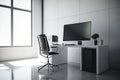 Empty workplace in a modern office interior.Photorealistic shot generated by AI Royalty Free Stock Photo