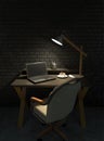 An empty workplace at night with office desk, armchair and laptop in a dark room lit by the light of a desk lamp. Sitting at the