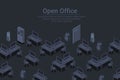 Empty workplaces with computers in Open Office Isometric Flat black monochrome vector concept