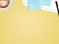 Empty work desk with pen note paper and coffee. Royalty Free Stock Photo
