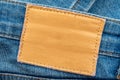 Empty worn leather patch on blue jeans. Empty space for writing. Blank leather jeans label Royalty Free Stock Photo