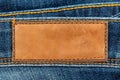 Empty worn leather patch on blue jeans. Empty space for writing. Blank leather jeans label Royalty Free Stock Photo