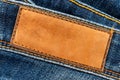 Empty worn leather patch on blue jeans. Empty space for writing. Blank leather jeans label Royalty Free Stock Photo