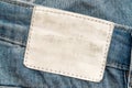 Empty worn leather patch on blue jeans. Empty space for writing. Blank leather jeans label Royalty Free Stock Photo
