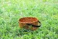 An empty woven basket on the green grass Royalty Free Stock Photo