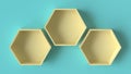 Empty yellow hexagons shelves on blue concrete wall background