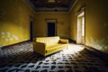 Empty yellow leather couch inside abandoned house.AI generated