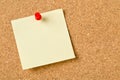 Empty yellow sticky paper memo note with red pin on cork board